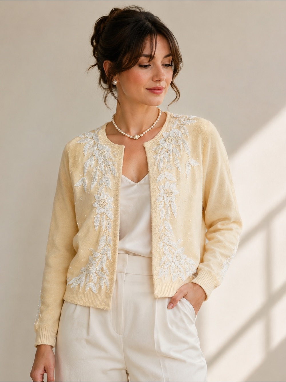 Vintage Angora Beaded Cardigan Sweater Ivory Glam Pearl Sequin Size 40